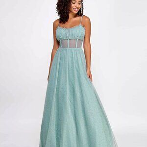 SAY YES Juniors' Rhinestone-Embellished Mesh-Waist Gown Seagreen Size 13/14